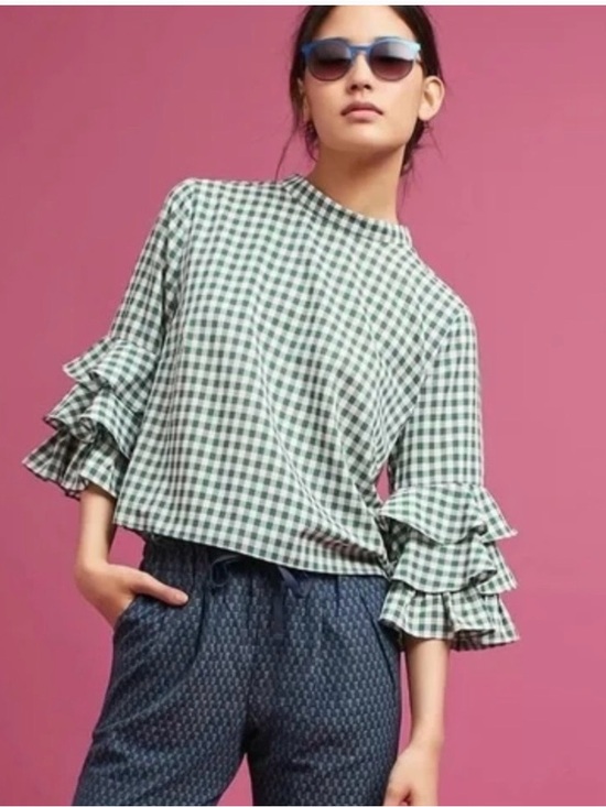 Sunday in Brooklyn Tops - Anthropologie Sunday in Brooklyn Green Gingham Ruffle-Sleeve Blouse